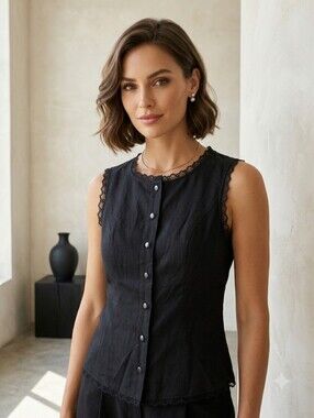 Poéselle 100% Cotton Black Sleeveless Button  Down Blouse Lace Trim Tie String M